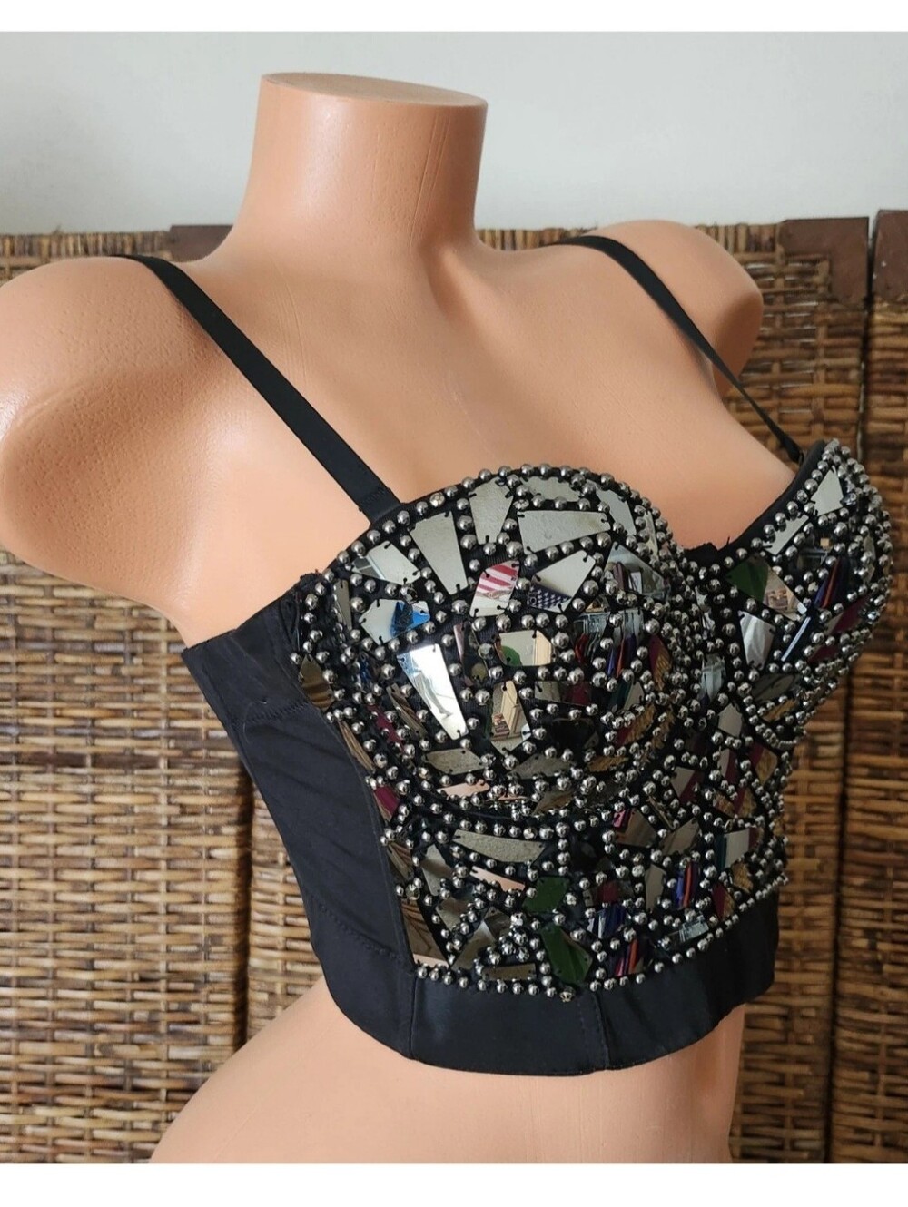 The Sang Gun Metal Bead Sequin Goth Punk Industrial Bra Bustier Costume Sz 32AB